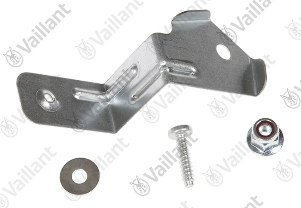 Montierte Metallhalterung für ein Frischluftrohr, mit einer Schraube und einer Unterlegscheibe. Produkt der Marke Vaillant.